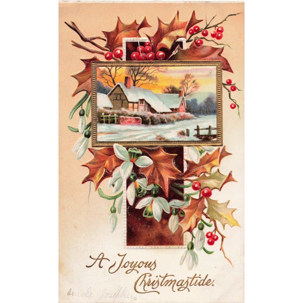 Vtg Embossed Christmas Postcard Snowy Cottage Cross Holly Germany Series 1053 - Picture 1 of 2